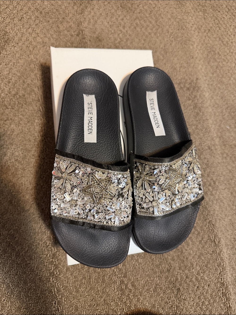 Steve Madden Black Embellished Slide Sandals with Silver Beading